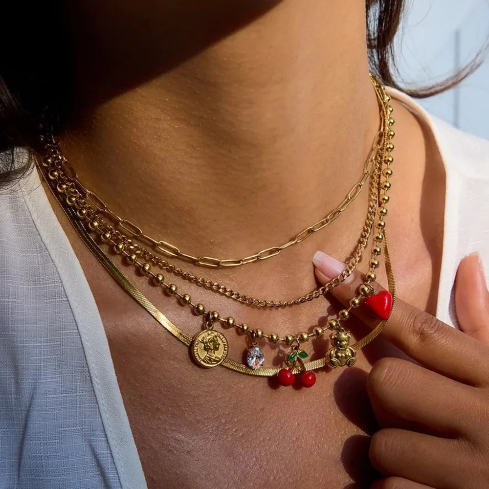 Golden Memories Beaded Cherry Teddy Bear Necklace - Picture 2 of 10